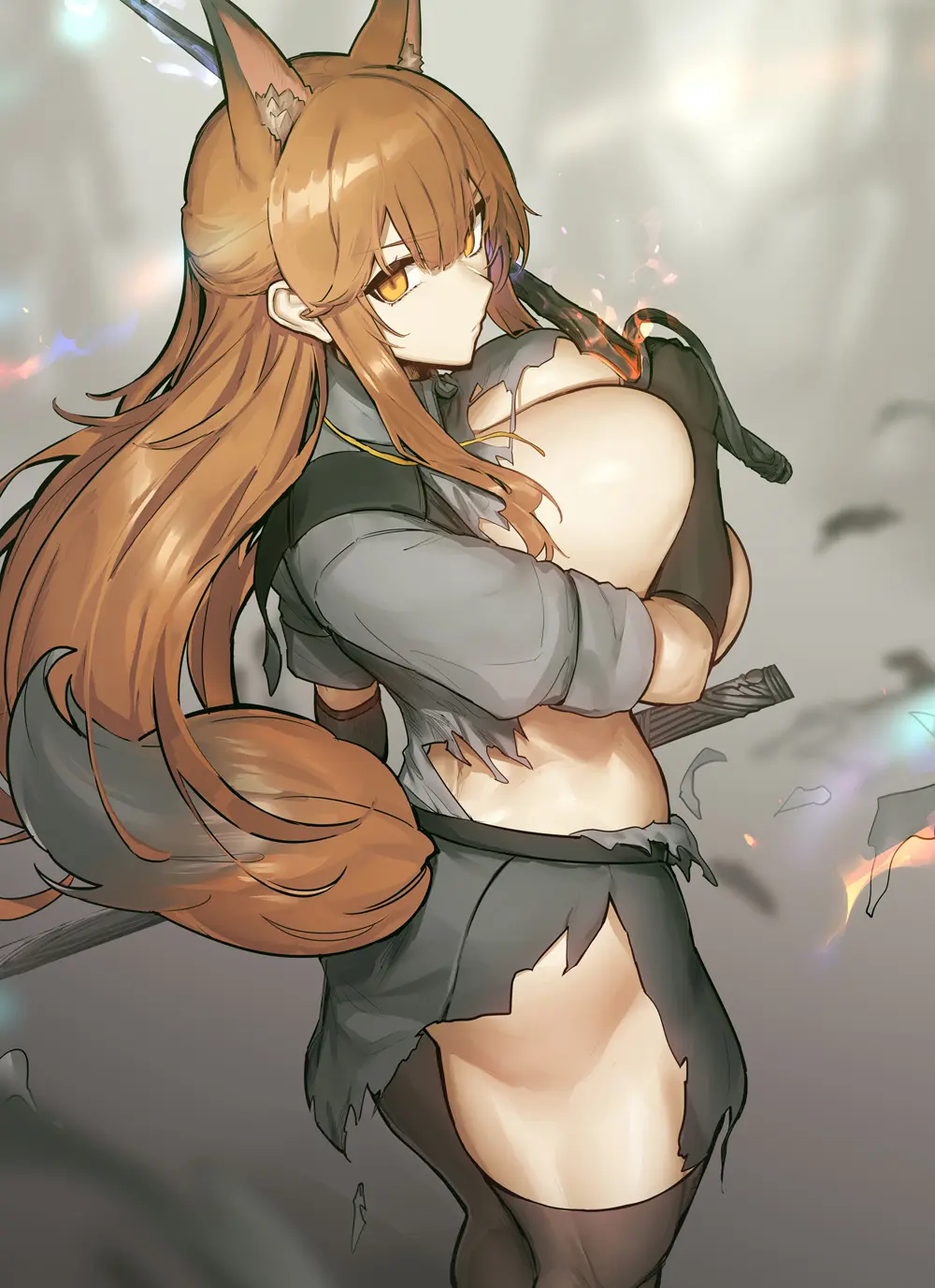 Image big_breasts,breasts,female,hi_res,long_hair,looking_at_viewer,shirt,solo,animal_ears,bangs,black_gloves,elbow_gloves,gloves,tail,thighhighs,yellow_eyes,ass,big_ass,big_butt,thick_thighs,thighs,orange_eyes,animal_ear_fluff,arknights,cleavage,covered_nipples,midriff,sideboob,huge_breasts,brown_hair,hair_between_eyes,skindentation,skirt,closed_mouth,alternate_breast_size,from_side,holding,fox_ears,fox_girl,fox_tail,2024,torn_clothes,butt,holding_weapon,weapon,covering,sheath,covered_breasts,blurry,blurry_background,sword,covering_breasts,black_thighhighs,covering_privates,ripped_clothing,torn_skirt,bare_breasts,battle,black_skirt,multi_ear,holding_sword,torn_shirt,grey_shirt,ripped_clothes,half_updo,covering_self,damaged_clothes,battle_damage,damaged,franka_(arknights),melon22,scabbard