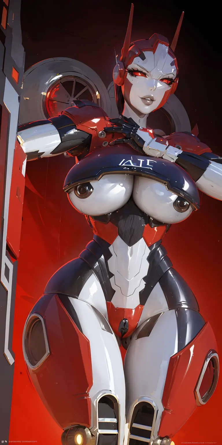 Image female,looking_at_viewer,nipples,red_eyes,thighs,ai_generated,metallic_body,robot_humanoid,transformers,bumblebee_movie,shatter_(transformers),metal_breasts,roger1011,1robot_girl