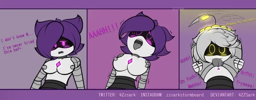 Image 1girls,female,nipples,no_bra,white_hair,1boy,male,short_hair,sex,humanoid,2d,cunnilingus,metallic_body,robot,robot_girl,robot_humanoid,white_eyes,robot_boy,licking_pussy,murder_drones,uzi_(murder_drones),screen_face,metal_breasts,glitch_productions,n_(murder_drones),metal_nipples,yellow_lights,zzsark,zzsark_nsfw