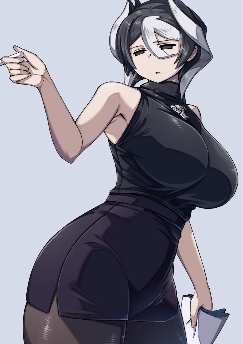 Image big_breasts,breasts,female,female_only,solo,black_hair,short_hair,thick_thighs,two_tone_hair,pale-skinned_female,half-closed_eyes,pale_skin,mature_female,hair_between_eyes,miniskirt,tight_clothing,black_eyes,sleeveless,sleeveless_shirt,alternate_costume,mature,turtleneck,fully_clothed,pantyhose,empty_eyes,armpit,teacher,black_and_white_hair,pencil_skirt,made_in_abyss,chalk,kingofbandit156,ozen
