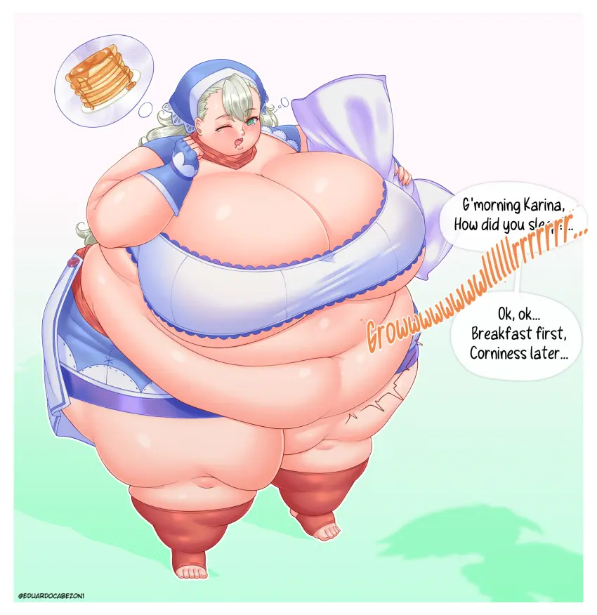 Image 1girls,big_breasts,breasts,female,light-skinned_female,light_skin,long_hair,gloves,thick_thighs,thighs,headwear,wide_hips,belly,big_belly,cleavage,huge_belly,gigantic_breasts,miniskirt,skirt,holding_object,dialogue,english_text,2024,pillow,fingerless_gloves,holding_pillow,speech_bubble,scarf,fat,fat_female,overweight,overweight_female,silver_hair,fat_fetish,fat_rolls,morbidly_obese,morbidly_obese_female,obese,ssbbw,ussbbw,bbw,onomatopoeia,obese_female,stomach_noises,fat_thighs,weight_gain,belly_overhang,fat_belly,kerchief,marvelous,double_chin,fat_arms,educabezon,karin_(rune_factory),orange_scarf,rune_factory,rune_factory_3