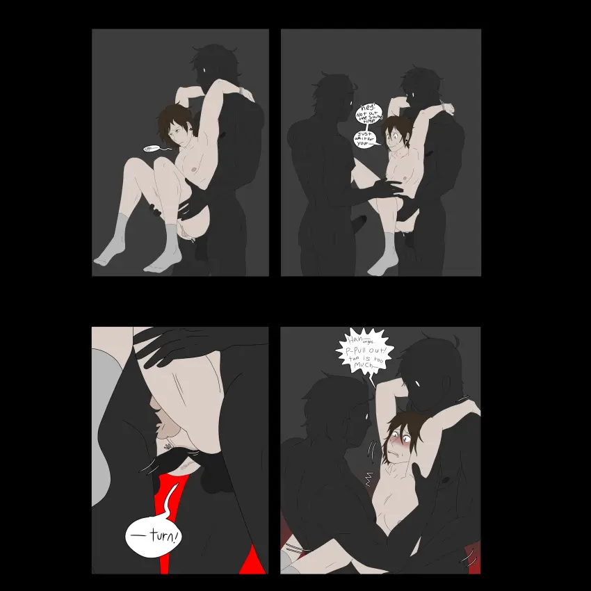 Image blush,male,threesome,anal,anal_sex,brown_hair,gay,restrained,black_body,smaller_male,3boys,double_penetration,stretching,forced_anal,alien_juice