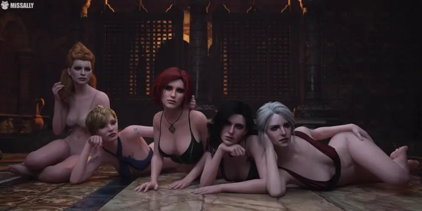 Image female,light-skinned_female,white_hair,black_hair,blue_eyes,multiple_girls,red_hair,bra,panties,underwear,tattoo,blonde_hair,green_eyes,purple_hair,3d,collar,scar,ciri,the_witcher_(series),the_witcher_3:_wild_hunt,5girls,yennefer,cd_projekt_red,triss_merigold,anna_henrietta,missally,ves