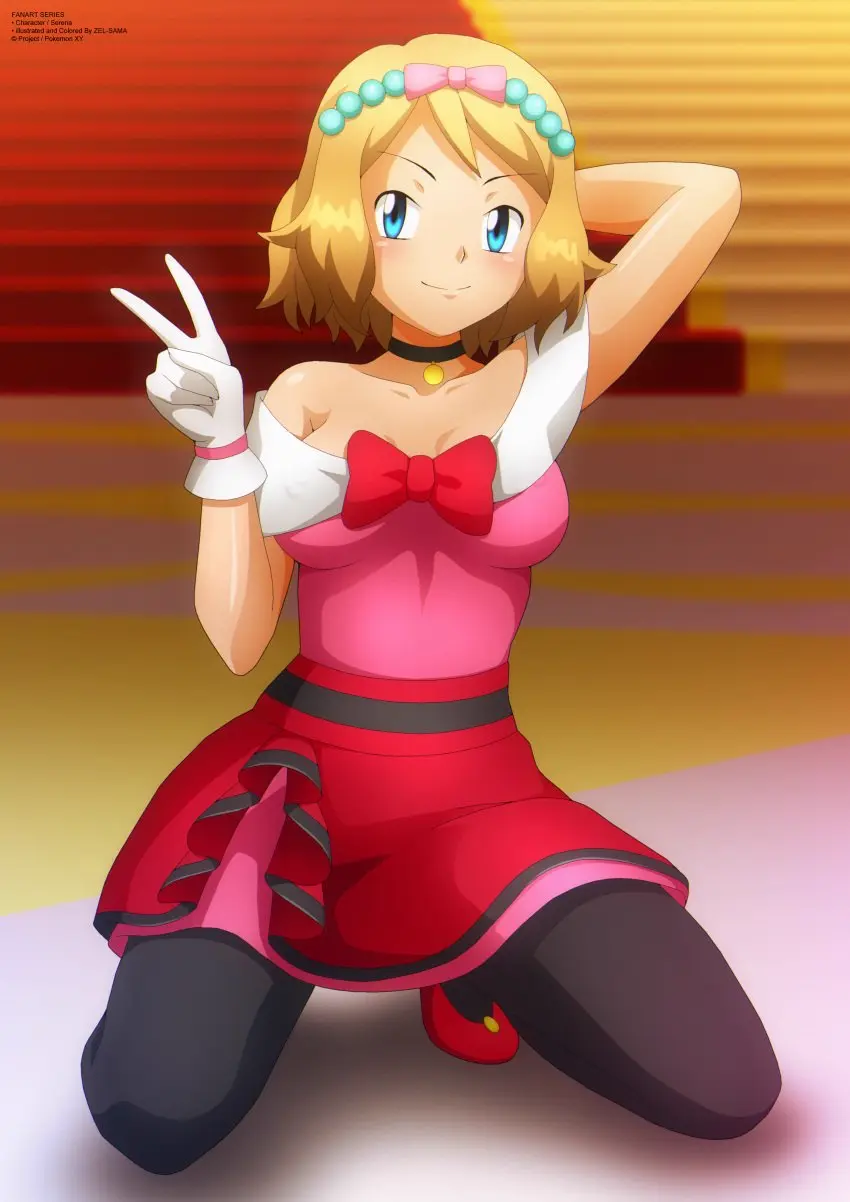 Image bow,breasts,female,human,gloves,pokemon,choker,tagme,blonde_hair,dress,on_knees,blonde_hair_female,fully_clothed,pantyhose,png,erect_nipples_under_clothes,tights,serena_(pokemon),pinup_pose,showcase_outfit,zel-sama