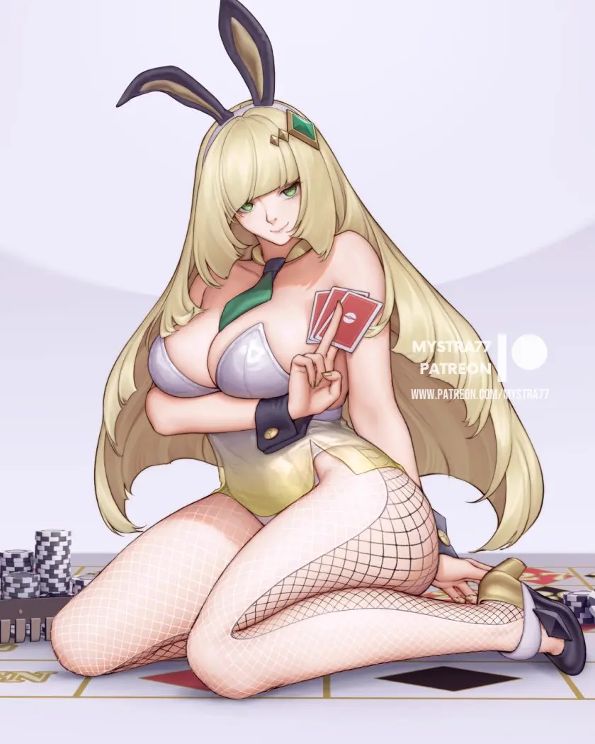 Image 1girls,big_breasts,breasts,female,female_only,long_hair,solo,pokemon,thighs,milf,hips,cleavage,solo_female,hair,blonde_hair,green_eyes,nail_polish,bunny_ears,mature_female,heels,high_heels,footwear,mother,bunnysuit,fishnets,mature,legwear,necktie,neckwear,fake_animal_ears,nails,fishnet_legwear,lusamine_(pokemon),pokemon_sm,game_freak,fishnet,card,gold_nails,mystra77,white_bunnysuit