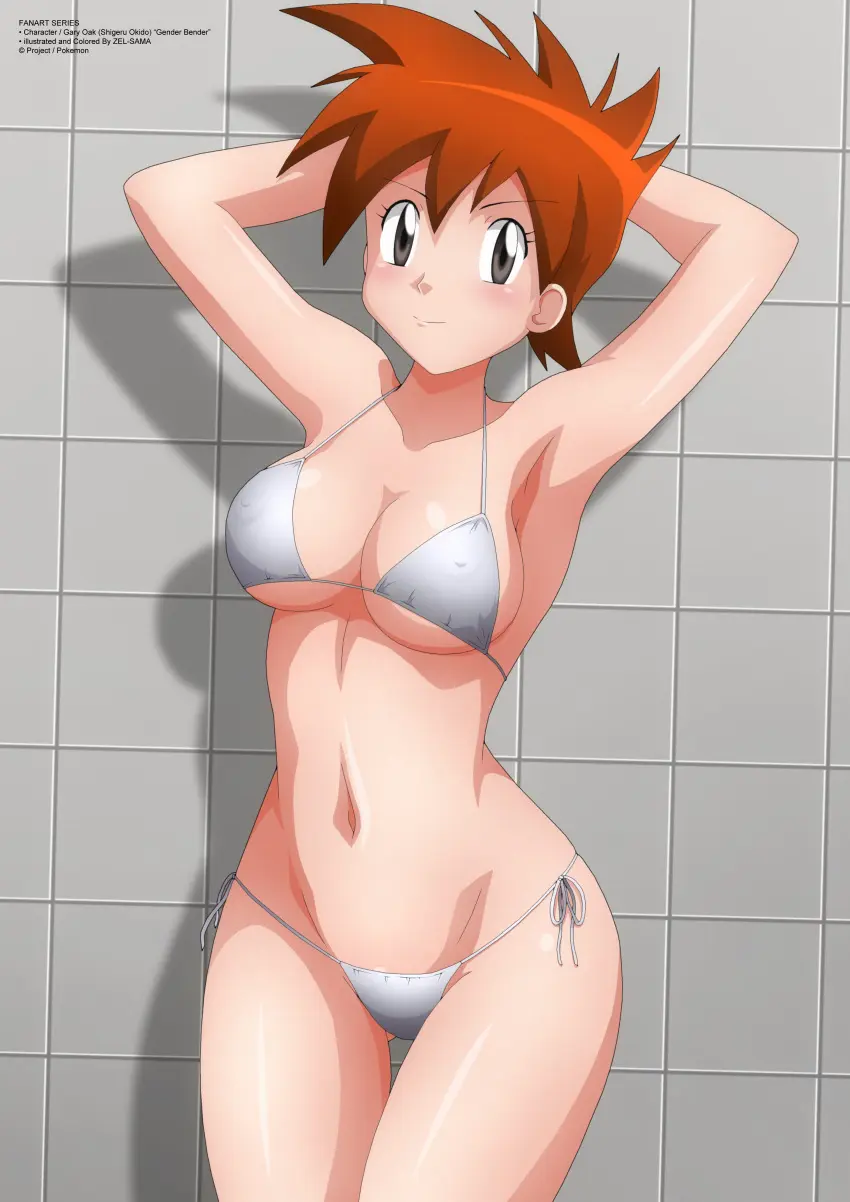 Image breasts,female,smile,pokemon,red_hair,bikini,arms_above_head,underboob,tagme,brown_hair,grey_eyes,rule_63,nipples_visible_through_bikini,pinup_pose,brown_hair_female,tile_wall,zel-sama,gary_oak