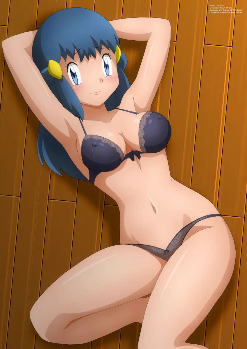 Image 1girls,breasts,female,human,blue_eyes,blue_hair,pokemon,hands_behind_head,lingerie,tagme,medium_breasts,jpeg,dawn_(pokemon),wooden_floor,pinup_pose,lying_on_floor,blue_hair_female,zel-sama,nipples_visible_through_bra