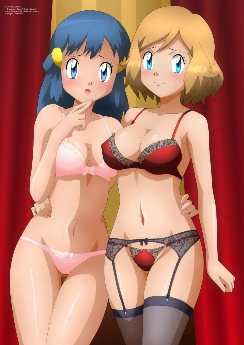 Image blush,breasts,female,human,smile,2girls,blue_eyes,blue_hair,pokemon,lingerie,tagme,blonde_hair,stockings,hand_on_hip,jpeg,blonde_hair_female,garter_belt,nervous,nervous_smile,garter_straps,dawn_(pokemon),serena_(pokemon),blue_hair_female,zel-sama
