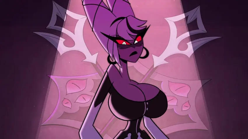 Image big_breasts,breasts,clothed,female,red_eyes,solo,white_hair,earrings,solo_female,huge_breasts,edit,hazbin_hotel,braided_hair,carmilla_carmine,screenshot_edit