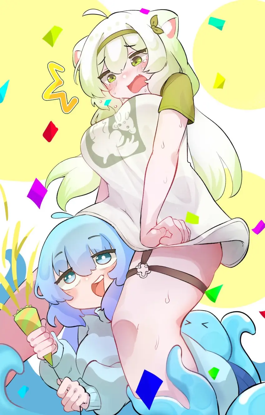 Image breasts,female,solo,white_hair,animal_ears,multicolored_hair,virtual_youtuber,green_eyes,indie_virtual_youtuber,green_highlights,lime,ferret,ferret_girl,laimu,saenokun