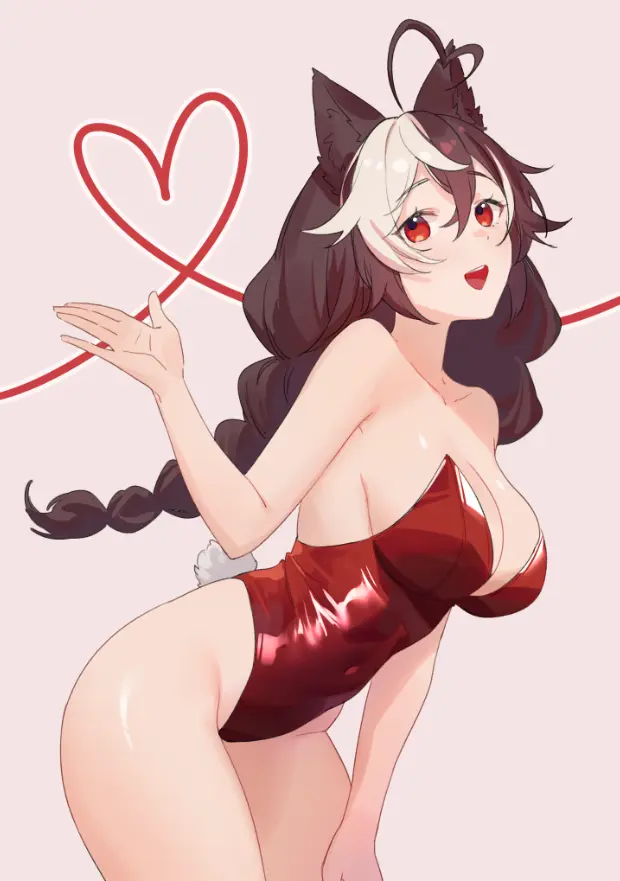 Image 1girls,breasts,cowboy_shot,female,large_breasts,long_hair,looking_at_viewer,open_mouth,red_eyes,smile,solo,standing,white_hair,animal_ears,tail,multicolored_hair,cat_ears,virtual_youtuber,bare_shoulders,cleavage,collarbone,vtuber,brown_hair,ahoge,braid,hair_between_eyes,two-tone_hair,streaked_hair,heart,leotard,wolf_ears,highleg_leotard,strapless,strapless_leotard,vyugen,twin_braids,wolf_girl,striped,heart_of_string,mixed_hair_color,momotexx_(vtuber),striped_background,playboy_bunny_leotard,red_leotard