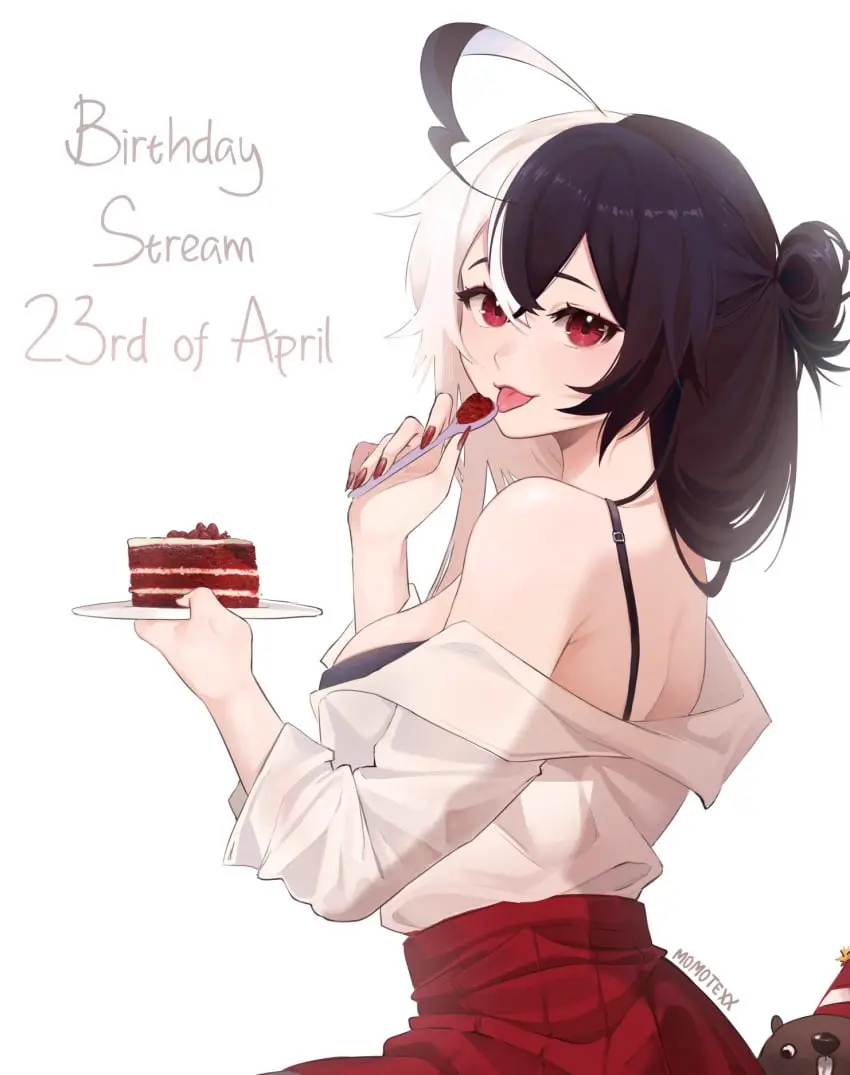 Image 1girls,blush,breasts,female,long_hair,long_sleeves,looking_at_viewer,red_eyes,shirt,smile,solo,white_background,white_hair,bangs,black_hair,licking,tail,tongue_out,bra,tongue,underwear,looking_back,multicolored_hair,virtual_youtuber,bare_shoulders,vtuber,medium_breasts,brown_hair,double_bun,ahoge,hair_between_eyes,skirt,white_shirt,off_shoulder,two-tone_hair,holding,wolf_ears,dated,antenna_hair,vyugen,wolf_girl,food,black_bra,character_name,:p,one_side_up,striped,plate,red_skirt,cake,fork,happy_birthday,mixed_hair_color,strawberry,momotexx_(vtuber),striped_background,diagonal_stripes,holding_fork,momotexx_(artist),vertical_stripes