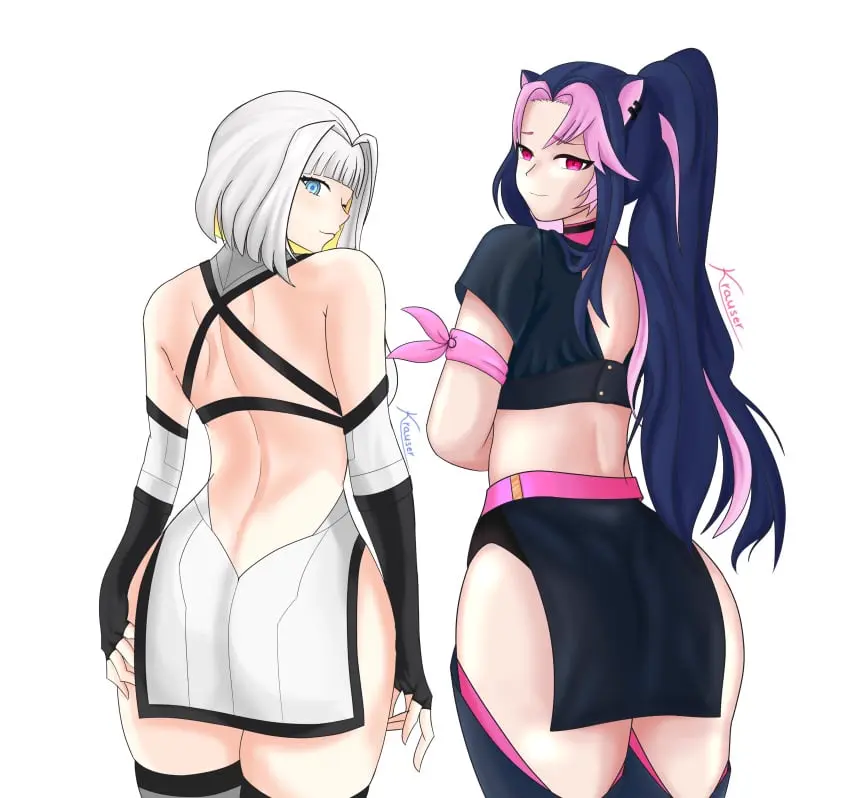Image female,highres,light-skinned_female,light_skin,long_hair,looking_at_viewer,simple_background,solo,standing,white_background,white_hair,2girls,animal_ears,blue_hair,short_hair,thighhighs,ass,female_focus,looking_back,thighs,ponytail,two_tone_hair,catgirl,smiling,smiling_at_viewer,virtual_youtuber,solo_female,pink_hair,vtuber,grabbing_own_ass,2d,pink_eyes,dress,panther_girl,grey_eyes,miniskirt,hourglass_figure,ear_piercing,2d_(artwork),high_resolution,back_view,yellow_hair,younger_female,indie_virtual_youtuber,alternate_hairstyle,vtuberfanart,suggestive,suggestive_look,latam_virtual_youtuber,thighs_bigger_than_head,eru_nabura,krauserwolf,shura_hiwa,thighs_bigger_than_torso,vjin