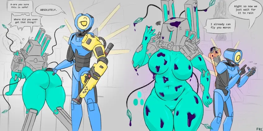 Image breasts,female,hi_res,looking_at_viewer,shiny_skin,simple_background,navel,ass,big_ass,looking_back,thick_thighs,wide_hips,belly,text,scared,sweatdrop,self_upload,bent_over,chubby,presenting_hindquarters,text_bubble,weapon,annoyed,gameplay_mechanics,robot,robot_girl,oiled,robot_boy,cyan_body,2:1,facrec,mindflayer_(ultrakill),troll_physics,ultrakill,v1_(ultrakill)