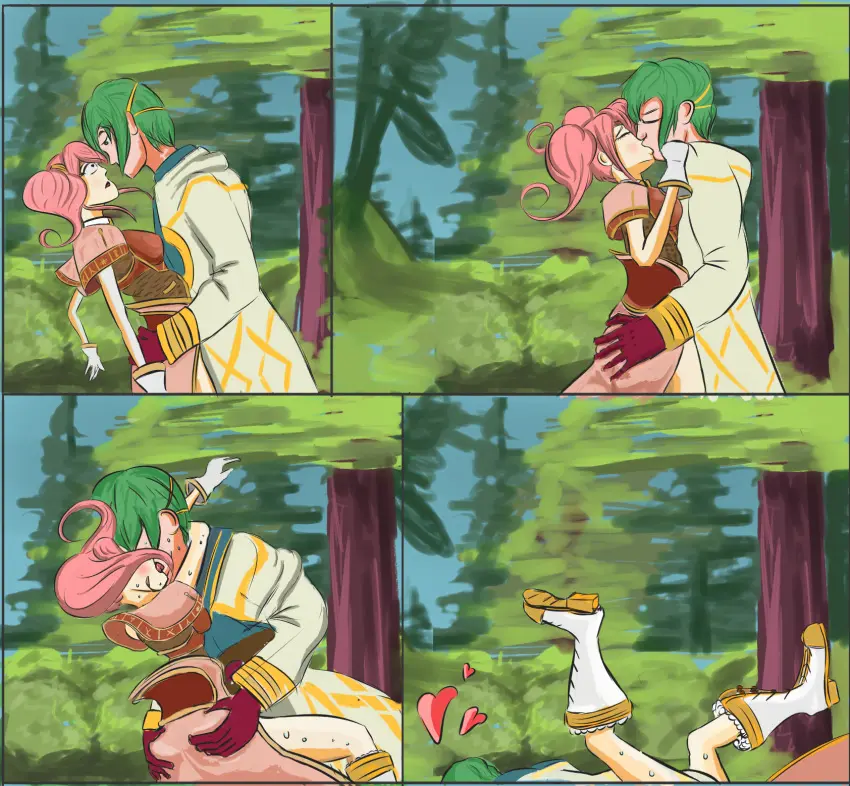 Image 1girls,breasts,female,long_sleeves,1boy,gloves,male,short_hair,sweat,tongue_out,tongue,ass,big_ass,pink_hair,green_eyes,medium_breasts,shocked,closed_eyes,medium_hair,nintendo,outdoors,twintails,green_hair,comic,bent_over,black_eyes,ass_grab,fire_emblem,fire_emblem_heroes,sloppy,groping,kissing,tree,assertive,boots,implied_sex,french_kiss,imminent_sex,hug,coat,sloppy_kiss,offscreen_sex,hip_grab,4koma,fire_emblem_echoes:_shadows_of_valentia,kiran_(fire_emblem),kiran_(fire_emblem)_(male),falling,glomp,grid_(artist),mae_(fire_emblem),out_of_frame_censoring