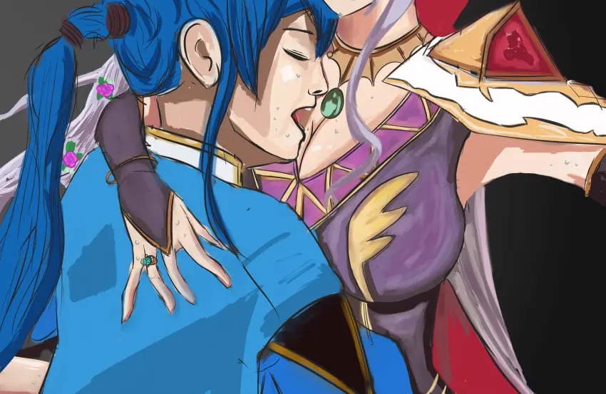 Image 1girls,breasts,female,grey_hair,large_breasts,long_hair,1boy,blue_hair,male,sweat,ponytail,armpits,accessory,cleavage,necklace,closed_eyes,nintendo,cape,flower,hair_flower,fire_emblem,side_ponytail,ring,implied_sex,bridal_gauntlets,fire_emblem:_genealogy_of_the_holy_war,seliph_(fire_emblem),worship,grid_(artist),ishtar_(fire_emblem)