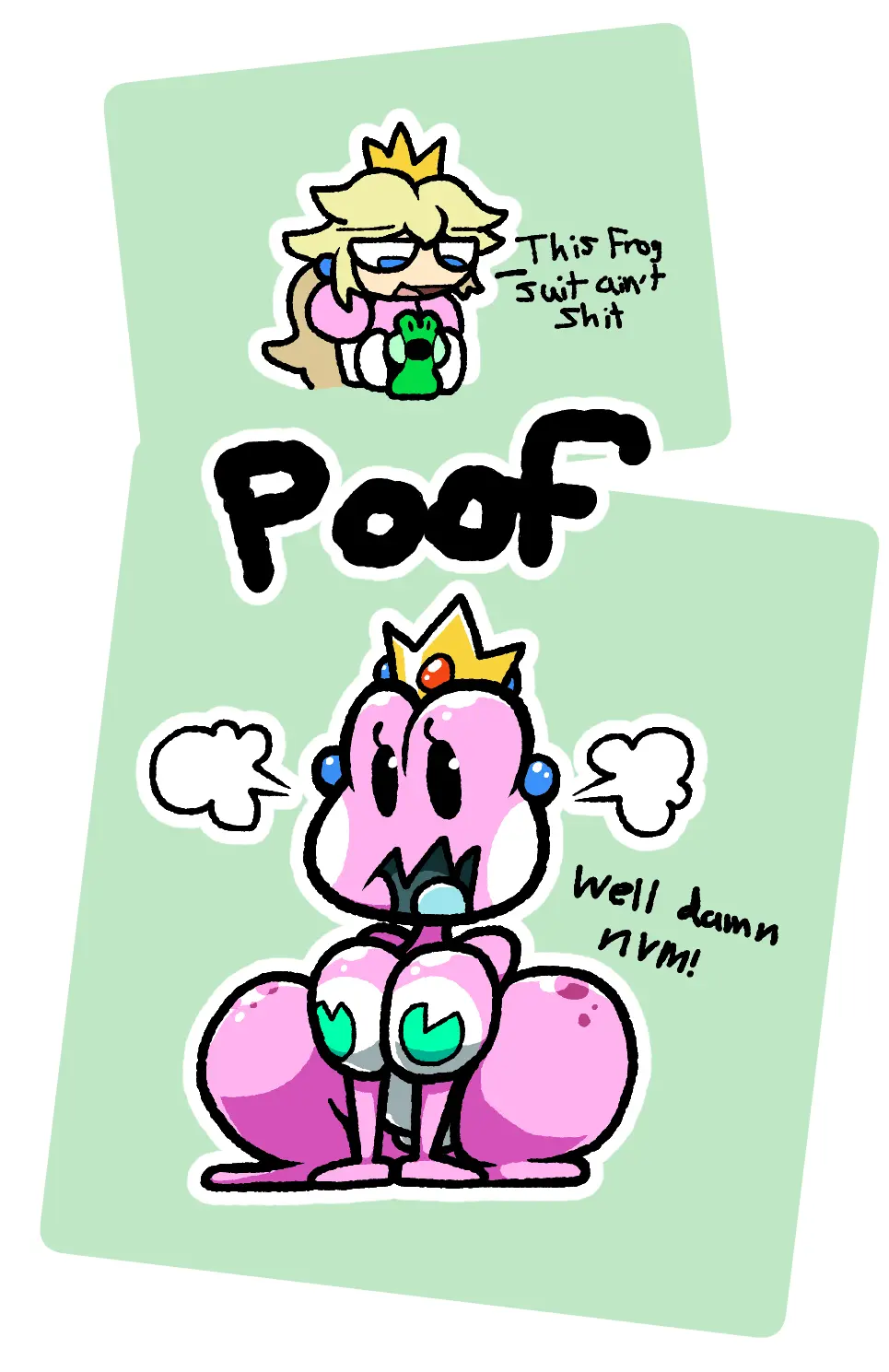 Image 1girls,big_breasts,breasts,female,female_only,large_breasts,solo,white_background,earrings,mario_(series),ear_piercing,pasties,princess_peach,green_background,transformation,pink_body,crown,png,species_transformation,frog,chabble,frog_girl,frog_suit,frog_transformation,power_up,super_mario_bros._3