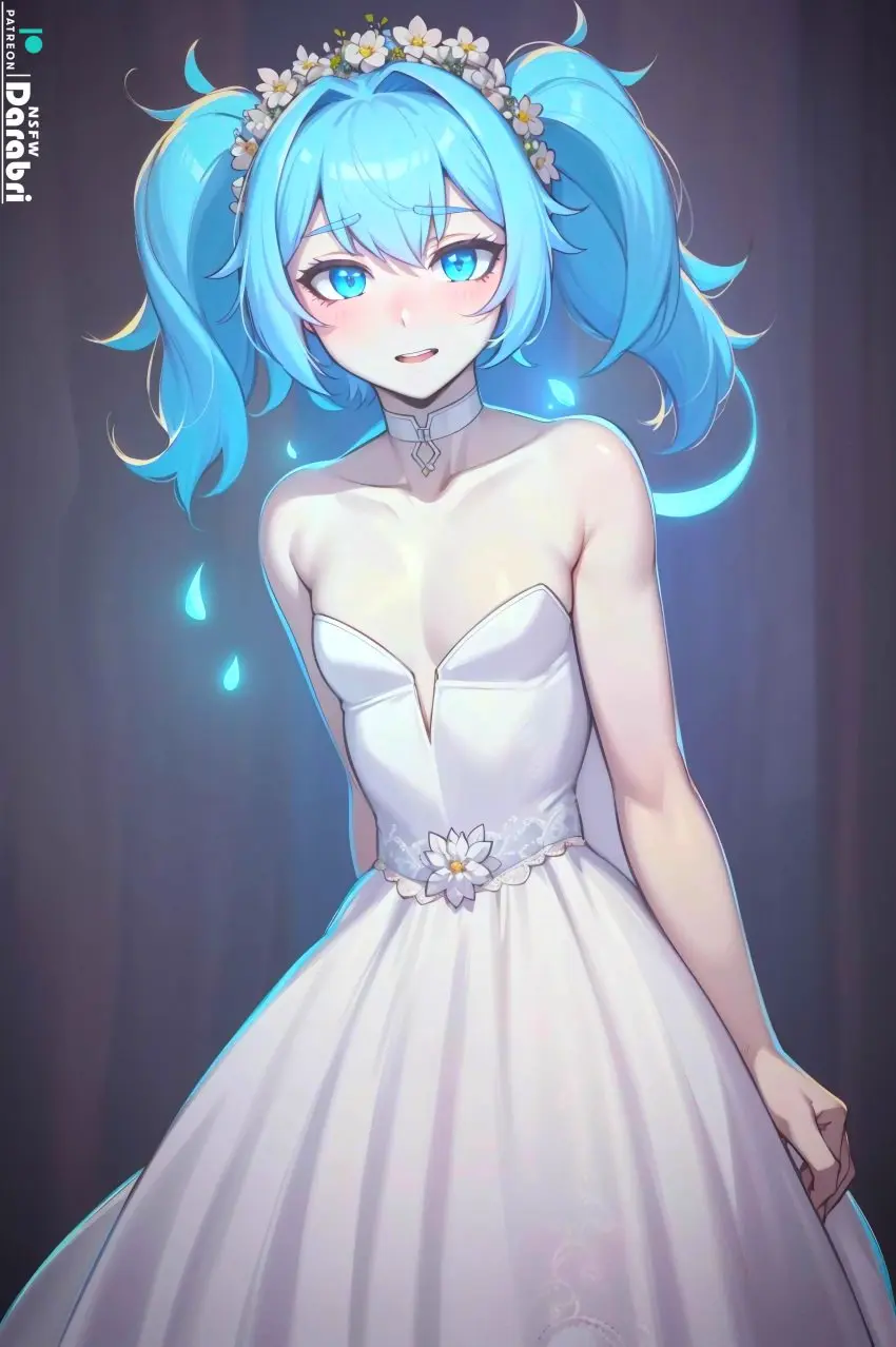 Image blush,breasts,long_hair,open_mouth,simple_background,1boy,bangs,blue_eyes,male,choker,small_breasts,patreon,ai_generated,femboy,trap,bare_shoulders,cleavage,eyelashes,eyes,neck,flustered,dress,original,pale_skin,cute,twintails,glowing_eyes,white_dress,collar,upper_body,detailed,feminine_male,girly,front_view,logo,flat_chest,flat_chested,glowing,otoko_no_ko,patreon_logo,abstract_background,thick_eyelashes,wedding_dress,clavicle,ai_hands,variant,flowers_in_hair,white_choker,outlines,darabri,garland,mint_uwu