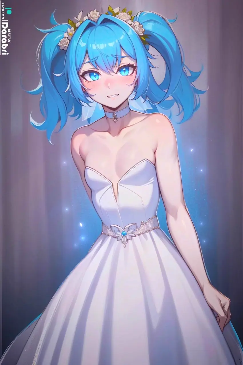 Image blush,breasts,long_hair,open_mouth,simple_background,1boy,bangs,blue_eyes,male,choker,small_breasts,patreon,ai_generated,femboy,trap,bare_shoulders,cleavage,eyelashes,eyes,neck,flustered,dress,original,pale_skin,cute,twintails,glowing_eyes,white_dress,collar,upper_body,detailed,feminine_male,girly,front_view,logo,flat_chest,flat_chested,glowing,otoko_no_ko,patreon_logo,abstract_background,thick_eyelashes,wedding_dress,clavicle,ai_hands,variant,candy_blue_hair,flowers_in_hair,white_choker,outlines,darabri,garland,mint_uwu