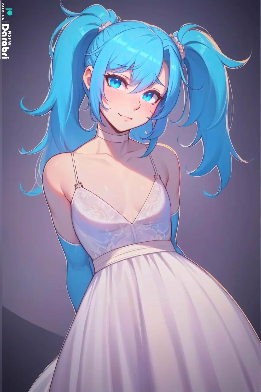 Image blush,long_hair,open_mouth,simple_background,1boy,bangs,blue_eyes,male,patreon,ai_generated,femboy,trap,cleavage,dress,original,pale_skin,cute,twintails,glowing_eyes,white_dress,collar,detailed,feminine_male,girly,logo,flat_chest,flat_chested,glowing,otoko_no_ko,patreon_logo,abstract_background,wedding_dress,outlines,darabri,mint_uwu
