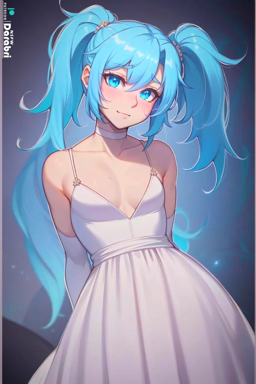 Image blush,long_hair,open_mouth,simple_background,1boy,bangs,blue_eyes,male,patreon,ai_generated,femboy,trap,cleavage,dress,original,pale_skin,cute,twintails,glowing_eyes,white_dress,collar,detailed,feminine_male,girly,logo,flat_chest,flat_chested,glowing,otoko_no_ko,patreon_logo,abstract_background,wedding_dress,variant,outlines,darabri,mint_uwu
