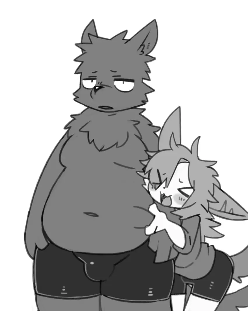 Image breasts,clothed,clothing,female,hi_res,open_mouth,simple_background,male,underwear,small_breasts,duo,male/female,size_difference,anthro,absurd_res,bulge,topless,underwear_only,monochrome,slightly_chubby,2024,annoyed_expression,4:5,belly_grab,boxer_briefs,boxer_briefs_only,nifram_logan,pizademokttero,>o<,loomy_(comifur)