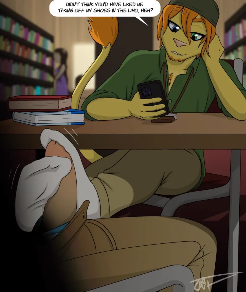 Image clothed,clothing,hi_res,pants,shirt,smile,male,penis,tail,hat,sex,duo,headwear,feet,male/male,digital_media_(artwork),headgear,orange_hair,teeth,white_clothing,hair,anthro,text,foot_fetish,sitting,gay,socks,public,footwear,fur,genitals,mammal,dialogue,yellow_body,yellow_fur,heterochromia,speech_bubble,electronics,tuft,topwear,footjob,phone,beanie,felid,lion,pantherine,green_clothing,bottomwear,facial_hair,foot_play,chest_tuft,white_footwear,library,facial_tuft,public_sex,stealth_sex,white_socks,green_topwear,cigarette_holder,chin_tuft,green_shirt,bennett_rivers,russell_lyons,sockjob,tair,tan_bottomwear,tan_clothing,tan_pants