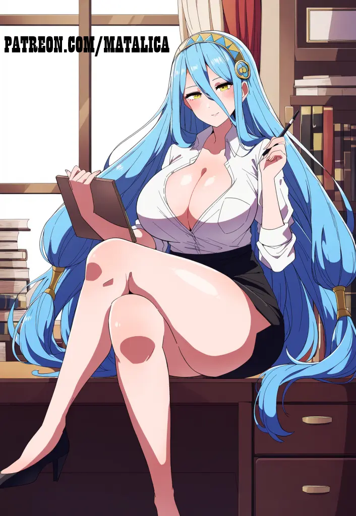 Image 1girls,big_breasts,breasts,female,large_breasts,long_hair,looking_at_viewer,blue_hair,yellow_eyes,headwear,ai_generated,huge_breasts,pinup,nintendo,self_upload,miniskirt,high_heels,fire_emblem,fire_emblem_fates,blouse,office,novelai,black_high_heels,office_lady,roleplay,legs_crossed,holding_pen,azura_(fire_emblem),white_blouse,black_miniskirt,blouse_partially_removed,holding_notepad,matalica,office_desk