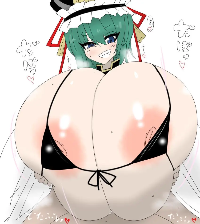 Image 1girls,big_breasts,blush,breasts,breasts_out,female,large_breasts,looking_at_viewer,nipples,open_clothes,shiny_skin,smile,touhou,1boy,blue_eyes,male,straight,sweat,bikini,hat,areolae,color,happy,huge_breasts,text,gigantic_breasts,hyper_breasts,massive_breasts,paizuri,swimsuit,happy_sex,smug,pov_eye_contact,green_hair,bimbo,alternate_breast_size,bikini_top,breast_grab,heart,paizuri_lead_by_female,japanese_text,breast_hold,nipple_slip,engulfing_paizuri,paizuri_on_lap,happy_paizuri,pov_paizuri,vaba,eiki_shiki,team_shanghai_alice