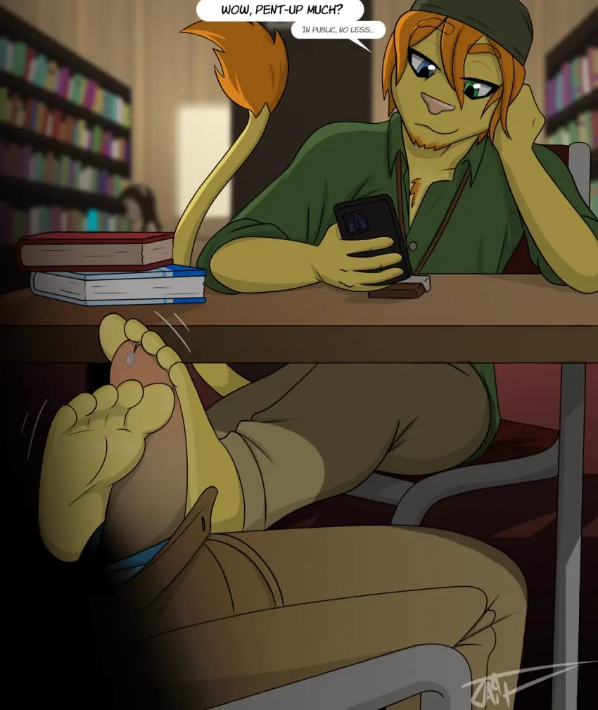 Image clothed,clothing,hi_res,pants,shirt,smile,male,penis,tail,hat,sex,duo,erection,headwear,feet,male/male,digital_media_(artwork),headgear,orange_hair,teeth,white_clothing,hair,anthro,text,foot_fetish,sitting,socks,genital_fluids,public,bodily_fluids,footwear,fur,genitals,mammal,precum,dialogue,yellow_body,yellow_fur,heterochromia,speech_bubble,toes,electronics,tuft,topwear,footjob,phone,beanie,felid,lion,pantherine,green_clothing,bottomwear,facial_hair,foot_play,chest_tuft,5_toes,white_footwear,countershading,library,facial_tuft,public_sex,stealth_sex,white_socks,green_topwear,cigarette_holder,background_character,chin_tuft,green_shirt,bennett_rivers,russell_lyons,tair,tan_bottomwear,tan_clothing,tan_pants,countershade_feet,santa_lucia