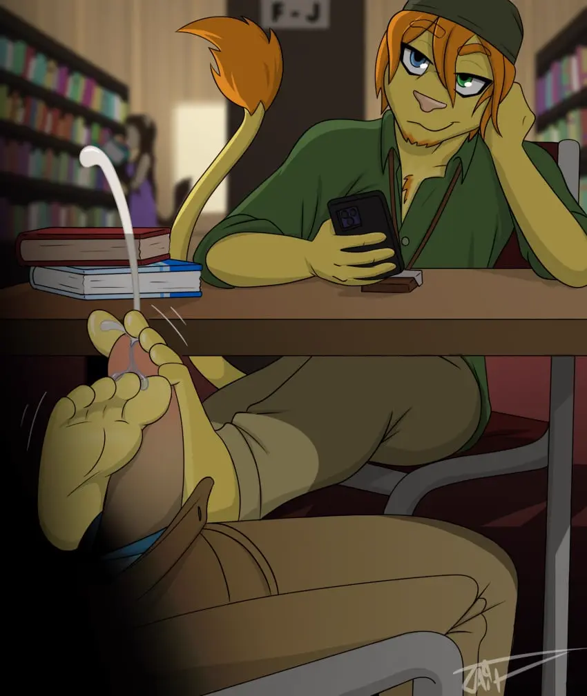 Image clothed,clothing,hi_res,pants,shirt,smile,cum,male,penis,tail,hat,sex,duo,erection,headwear,feet,male/male,headgear,orange_hair,teeth,white_clothing,hair,anthro,foot_fetish,sitting,socks,genital_fluids,public,bodily_fluids,footwear,fur,genitals,mammal,precum,yellow_body,yellow_fur,heterochromia,feline,toes,electronics,tuft,topwear,footjob,phone,beanie,felid,lion,pantherine,green_clothing,bottomwear,facial_hair,foot_play,chest_tuft,5_toes,white_footwear,countershading,library,tail_tuft,facial_tuft,public_sex,stealth_sex,white_socks,green_topwear,cigarette_holder,background_character,chin_tuft,green_shirt,bennett_rivers,russell_lyons,tair,tan_bottomwear,tan_clothing,tan_pants,countershade_feet,santa_lucia,heterochromatic_eyes