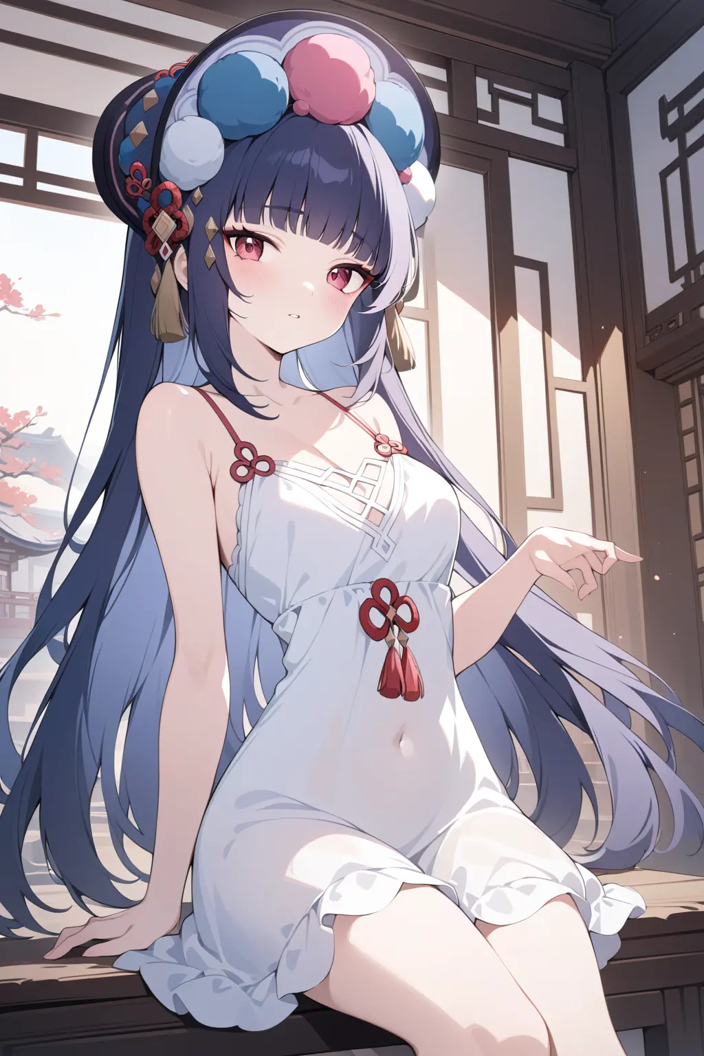 Image breasts,female,highres,long_hair,looking_at_viewer,solo,blue_hair,multicolored_hair,ai_generated,bare_shoulders,solo_female,teeth,medium_breasts,pink_eyes,sitting,dress,original,genshin_impact,purple_hair,white_dress,colored_inner_hair,alternate_costume,covered_navel,tassel,hime_cut,architecture,non-web_source,hand_up,east_asian_architecture,nightgown,yun_jin_(genshin_impact),cool_&_sexy_(idolmaster)