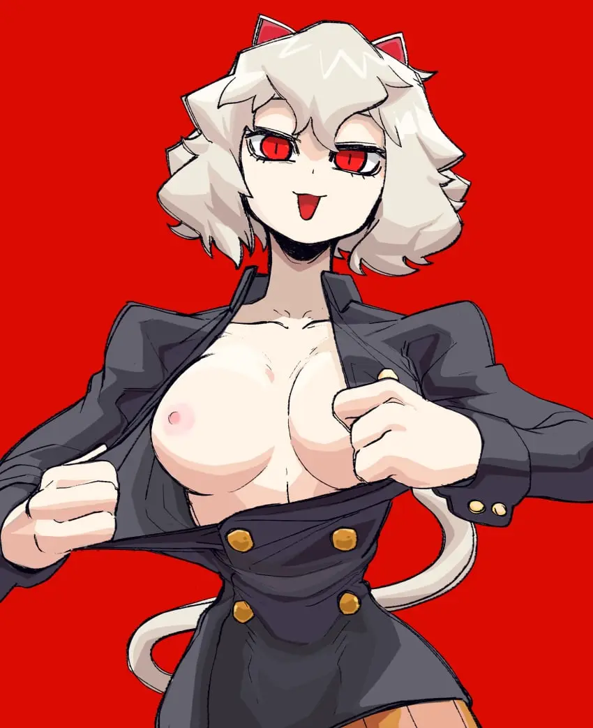 Image 1girls,breasts,female,female_only,solo,white_hair,animal_ears,short_hair,humanoid,cat_girl,pale-skinned_female,pale_skin,shounen_jump,villainess,tits_out,image_set,hunter_x_hunter,bone_nigi,neferpitou,chimera_ant