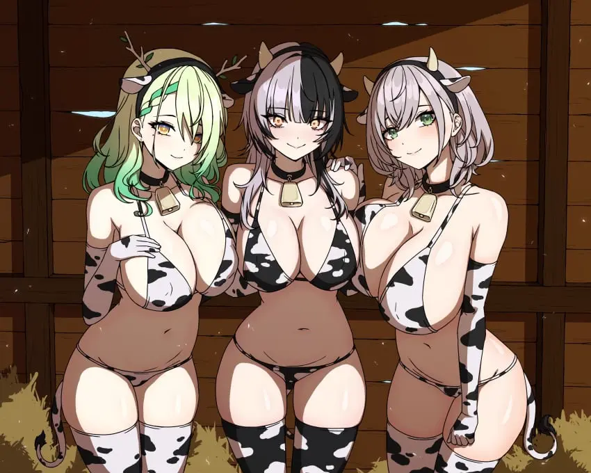 Image breasts,female,female_only,light-skinned_female,light_skin,looking_at_viewer,smile,white_hair,black_hair,blue_eyes,multiple_girls,navel,yellow_eyes,bikini,thick_thighs,wide_hips,virtual_youtuber,horns,cleavage,midriff,huge_breasts,green_eyes,swimsuit,cow_print,hololive,hololive_fantasy,hololive_japan,green_hair,collar,antlers,breast_press,3girls,fake_animal_ears,cow_print_bikini,silver_hair,hololive_english,hololive_english_-advent-,shiori_novella,fake_tail,hololive_english_-council-,hololive_english_-promise-,barn,cowbell,cow_print_thighhighs,cow_print_armwear,gradient_eyes,ceres_fauna,ceres_fauna_(goth_costume),dayyo_(daydarion/day-chan),cow_print_legwear,fake_cow_ears,fake_cow_horns,fake_cow_tail,hucow,shirogane_noel