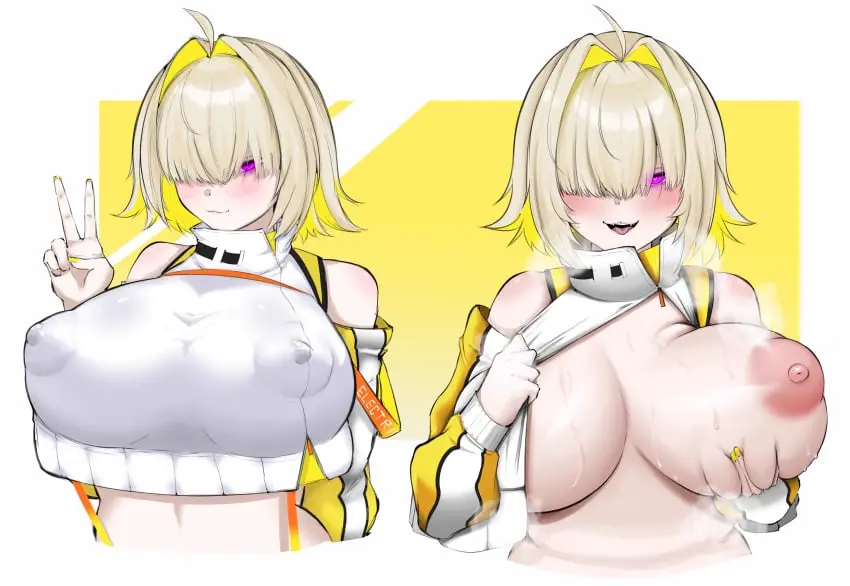 Image 1girls,blush,breasts,female,female_only,large_breasts,nipples,no_bra,open_mouth,shirt_pull,simple_background,short_hair,sweat,tongue,blonde_hair,purple_eyes,ahoge,tight_clothing,upper_body,goddess_of_victory:_nikke,breast_grab,steam,nipples_visible_through_clothing,nipple_bulge,one_breast_out,elegg_(nikke),hair_over_eyes,peace_sign,breast_lift