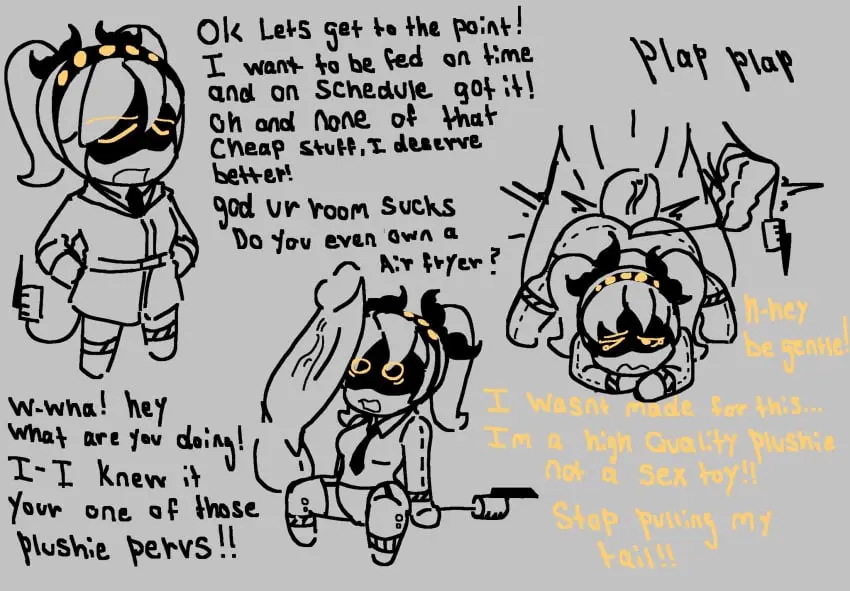 Image 1girls,female,1boy,male,sex,ambiguous_penetration,male/female,dialogue,plushie,tail_pull,murder_drones,plushophilia,j_(murder_drones),ghastlypann