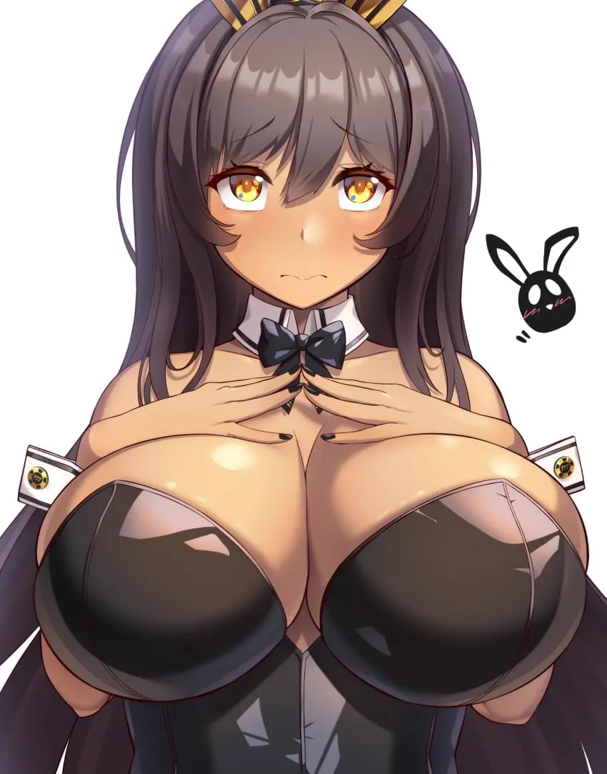Image 1girls,blush,breasts,female,female_only,long_hair,white_background,yellow_eyes,dark_skin,cleavage,huge_breasts,brown_hair,bunny_ears,dark-skinned_female,upper_body,goddess_of_victory:_nikke,bunnysuit,fully_clothed,noir_(nikke),submissive_pose