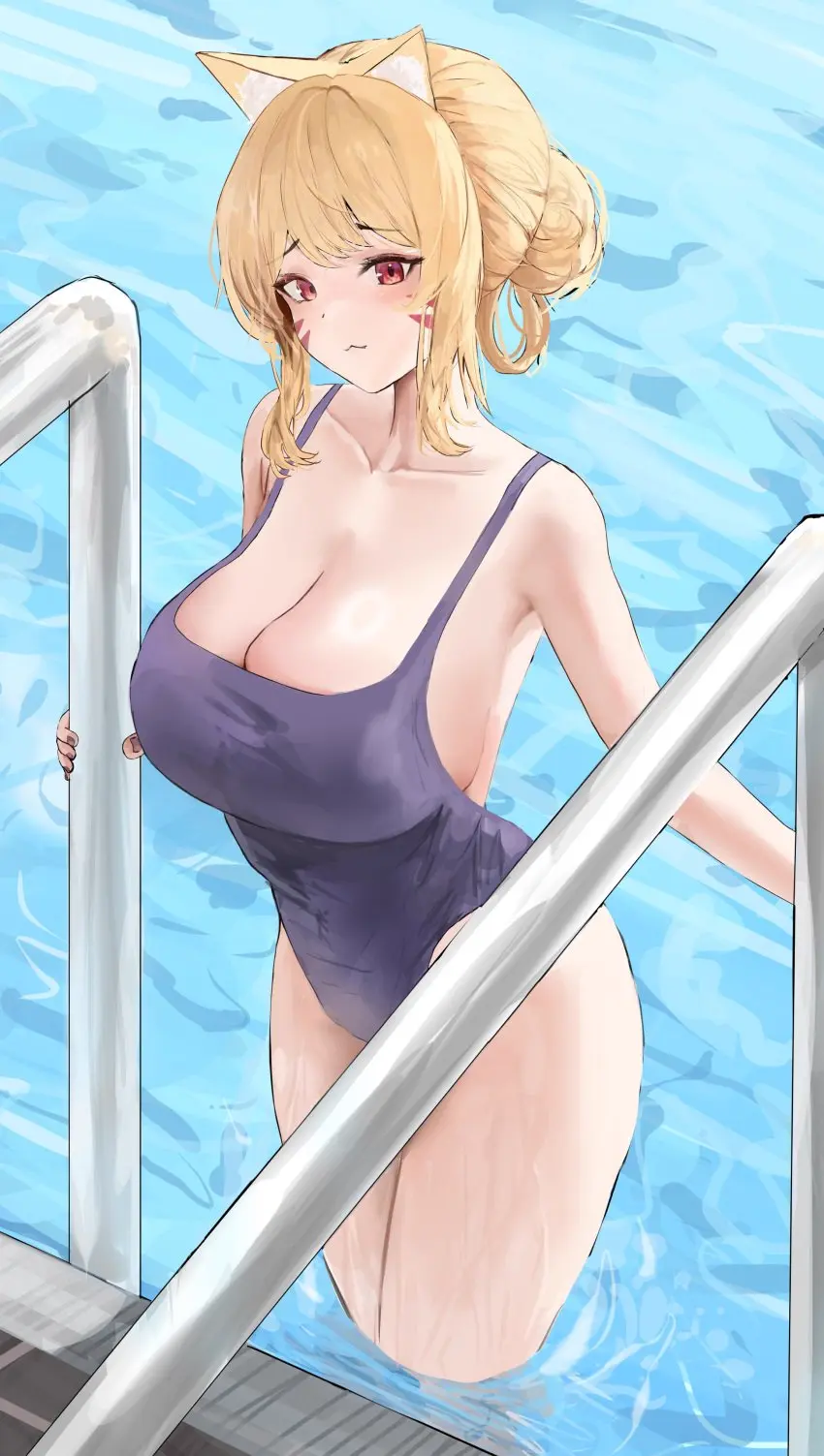 Image 1girls,blush,breasts,female,female_only,large_breasts,looking_at_viewer,red_eyes,solo,standing,animal_ears,bangs,sidelocks,thighs,cat_ears,catgirl,virtual_youtuber,water,bare_shoulders,cleavage,collarbone,blonde_hair,one-piece_swimsuit,swimsuit,tied_hair,cat_tail,pool,pout,hair_bun,poolside,school_swimsuit,vyugen,black_swimsuit,face_markings,swimming_pool,pool_ladder,squchan_(vtuber)