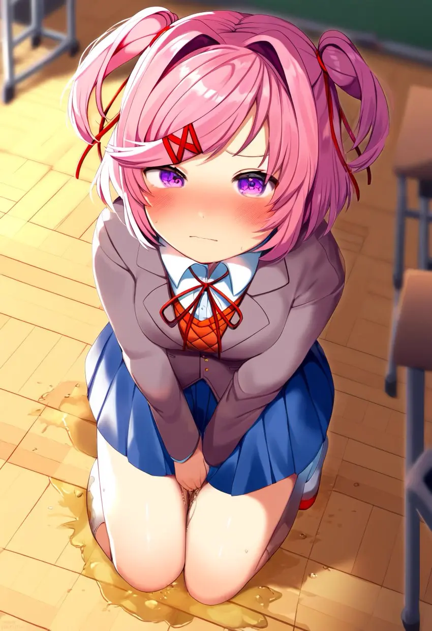 Image 1girls,blush,female,looking_at_viewer,kneeling,embarrassed,ai_generated,from_above,humiliation,doki_doki_literature_club,natsuki_(doki_doki_literature_club),classroom,novelai,peeing,looking_up,on_floor,peeing_self