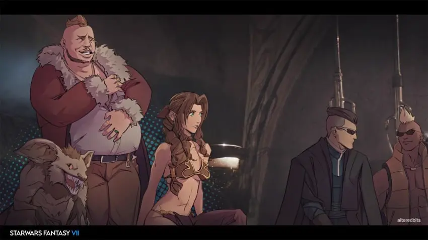 Image breasts,female,male,cleavage,sideboob,multiple_boys,final_fantasy,final_fantasy_vii,final_fantasy_vii_remake,crossover,jabba's_palace,slave_bikini,slave_leia_(cosplay),star_wars,aerith_gainsborough,slavegirl,worried_expression,damsel_in_distress,don_corneo,alteredbits,kotch_(final_fantasy),scotch_(final_fantasy)