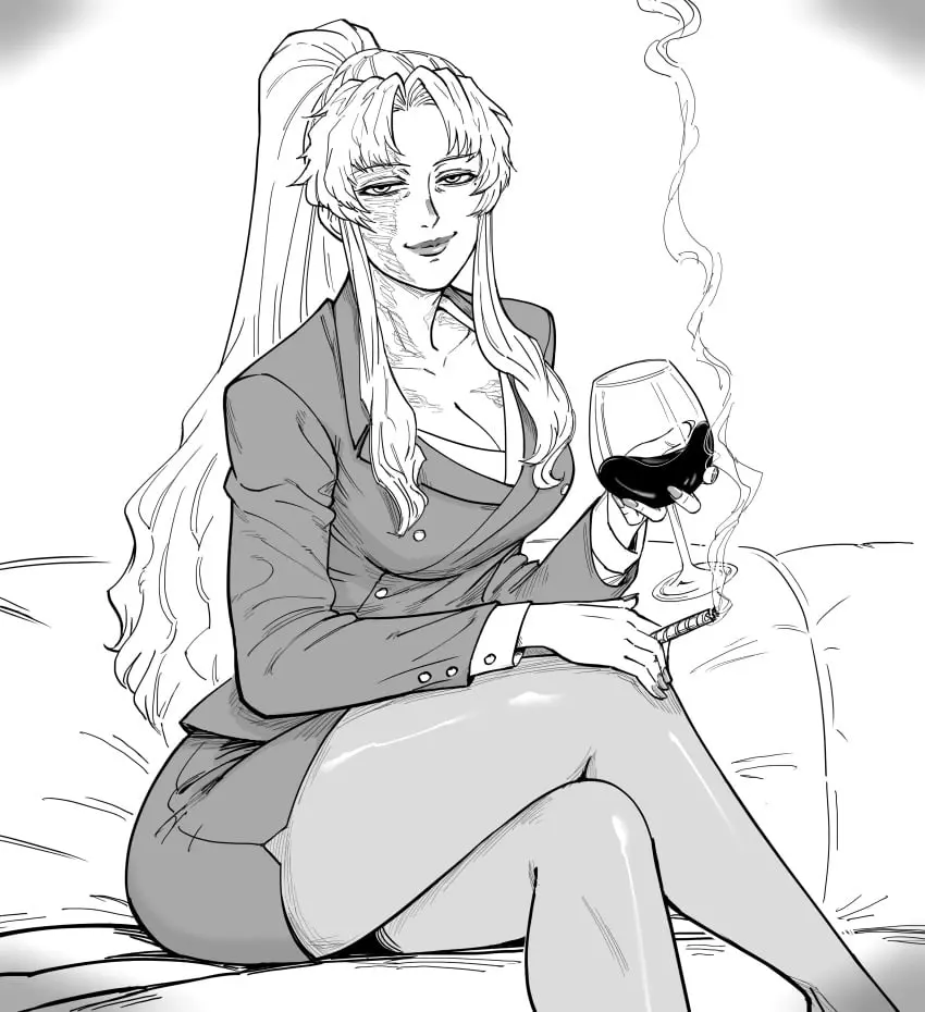 Image 1girls,female,female_only,long_hair,looking_at_viewer,solo,white_background,ponytail,smiling,smiling_at_viewer,sitting,absurd_res,monochrome,scar,pantyhose,cigarette,crossed_legs,scar_on_face,wine_glass,burn_scar,black_lagoon,balalaika,bb_(baalbuddy)