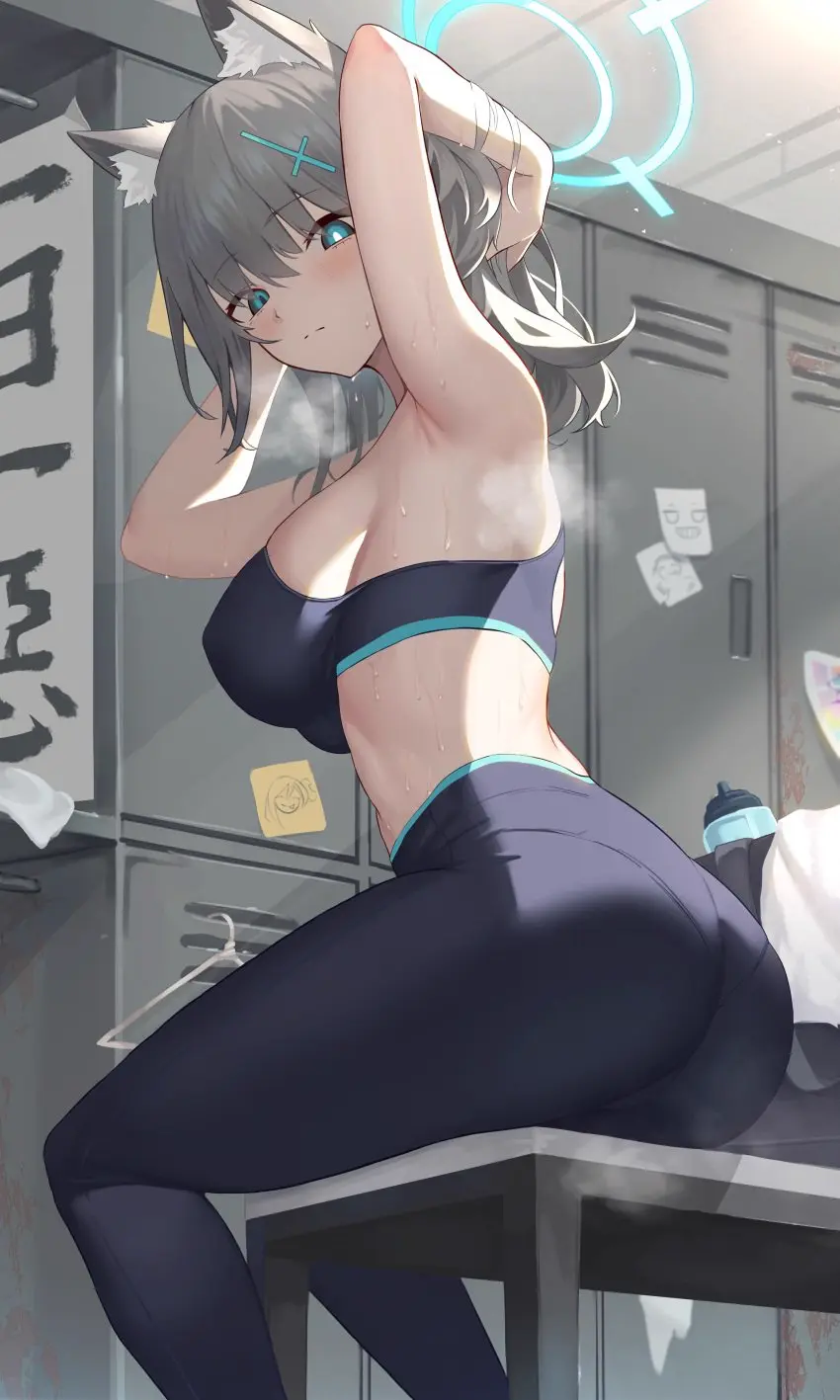 Image breasts,female,grey_hair,hi_res,large_breasts,looking_at_viewer,pants,solo,animal_ears,sweat,blue_archive,ass,animal_ear_fluff,armpits,hands_behind_head,sports_bra,arms_up,sideboob,sitting,halo,indoors,steaming_body,alternate_costume,feet_out_of_frame,2024,towel,wolf_ears,meme,yoga_pants,locker,locker_room,bottle,looking_to_the_side,water_bottle,adjusting_hair,shiroko_(blue_archive),black_sports_bra,smelly_armpits,clothes_hanger,jixo_(user_nzhc8728),panties_under_yoga_pants,sticky_note,tying_hair