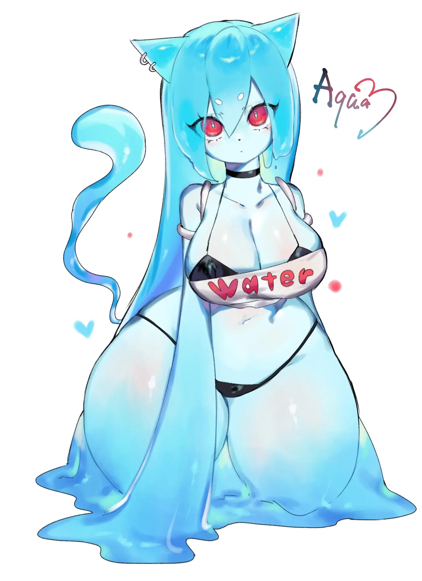 Image 1girls,female,female_only,hi_res,long_hair,looking_at_viewer,red_eyes,solo,white_background,blue_hair,tail,choker,bikini,earrings,thick_thighs,cat_ears,text,original,original_character,blue_body,slime,slime_girl,topwear,side-tie_bikini,text_on_clothing,aqua_(togetoge),toge77789,togetoge