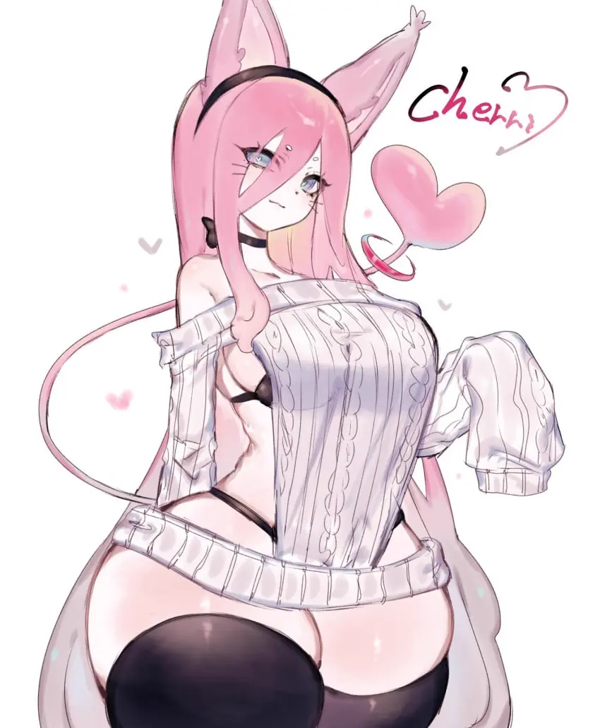 Image 1girls,female,female_only,hi_res,long_hair,looking_at_viewer,solo,white_background,blue_eyes,heart-shaped_pupils,tail,thighhighs,thick_thighs,cat_ears,catgirl,smiling,smiling_at_viewer,pink_hair,text,original,original_character,cat_tail,sweater,black_thighhighs,whiskers,wide_sleeves,virgin_killer_sweater,toge77789,togetoge