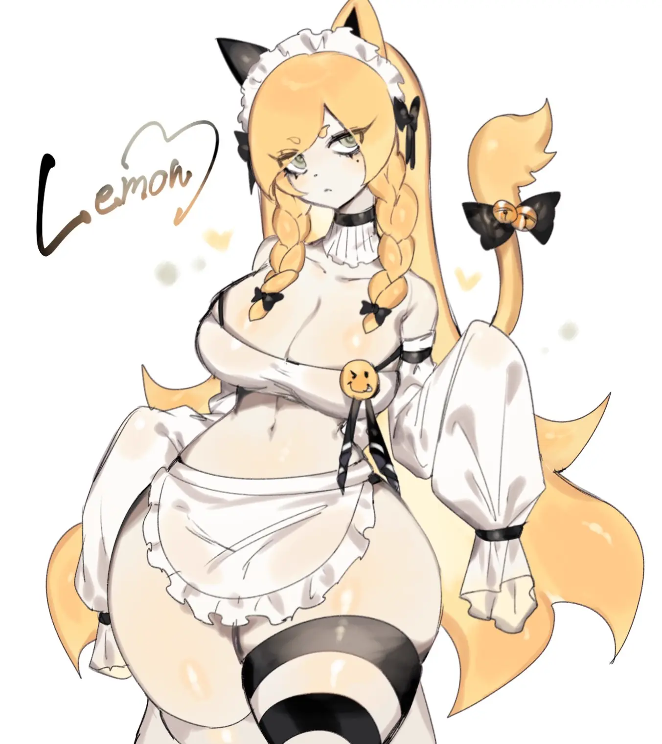 Image 1girls,female,female_only,hi_res,long_hair,looking_at_viewer,solo,white_background,tail,thick_thighs,cat_ears,catgirl,cleavage,text,blonde_hair,cat_tail,twintails,maid_outfit,maid_headdress,wide_sleeves,braided_twintails,striped_thighhighs,toge77789,togetoge,tail_bell