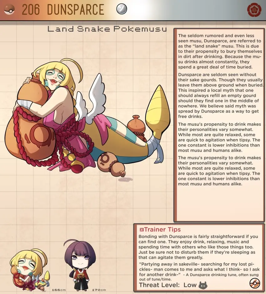 Image 1girls,female,human,looking_at_viewer,1boy,male,pokemon,pokemon_(species),duo,wings,text,english_text,pokemorph,sake_bottle,text_box,chibi,kinkymation,generation_2_pokemon,japanese_clothes,bottle,alcohol,liquid,dunsparce,pokemusu,creature_index
