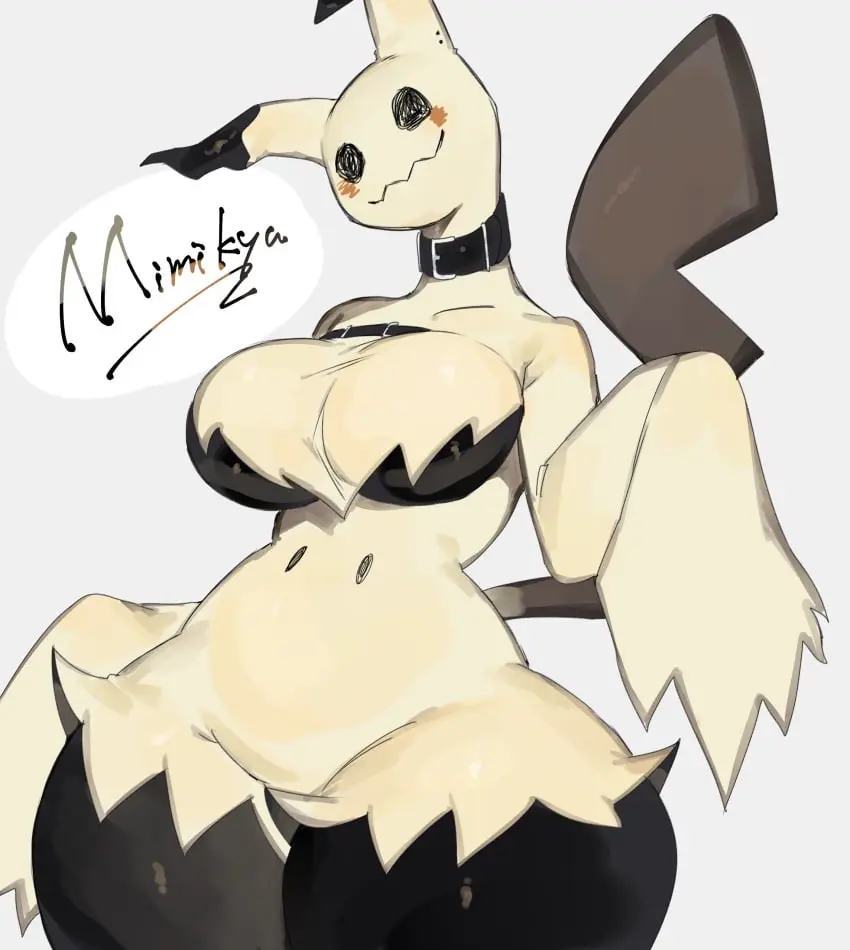 Image 1girls,big_breasts,breasts,female,female_only,hi_res,looking_at_viewer,smile,solo,standing,white_background,pokemon,pokemon_(species),tail,boobs,female_focus,thick_thighs,thighs,wide_hips,solo_female,solo_focus,anthro,text,nintendo,collar,black_eyes,2024,pokémon_(species),simple_shading,pokemon_sm,game_freak,generation_7_pokemon,red_cheeks,mimikyu,toge77789,togetoge,black_breasts,gen_7_pokemon,pale_yellow_body,pale_yellow_skin