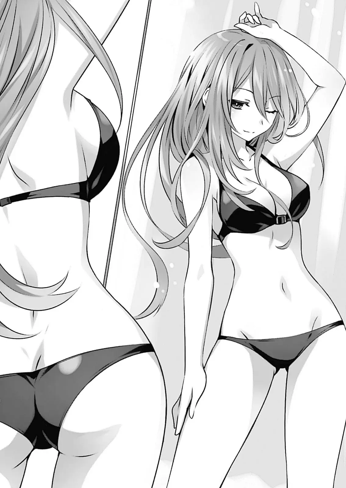 Image big_breasts,breasts,female,long_hair,smile,hand_on_head,ass,thighs,armpits,bare_belly,bare_shoulders,bare_thighs,belly_button,one_eye_closed,swimsuit,back,black_and_white,bare_legs,date_a_live,bare_arms,official_art,novel_illustration,tsunako,bare_back,kyouno_natsumi,kyouno_natsumi_(adult)