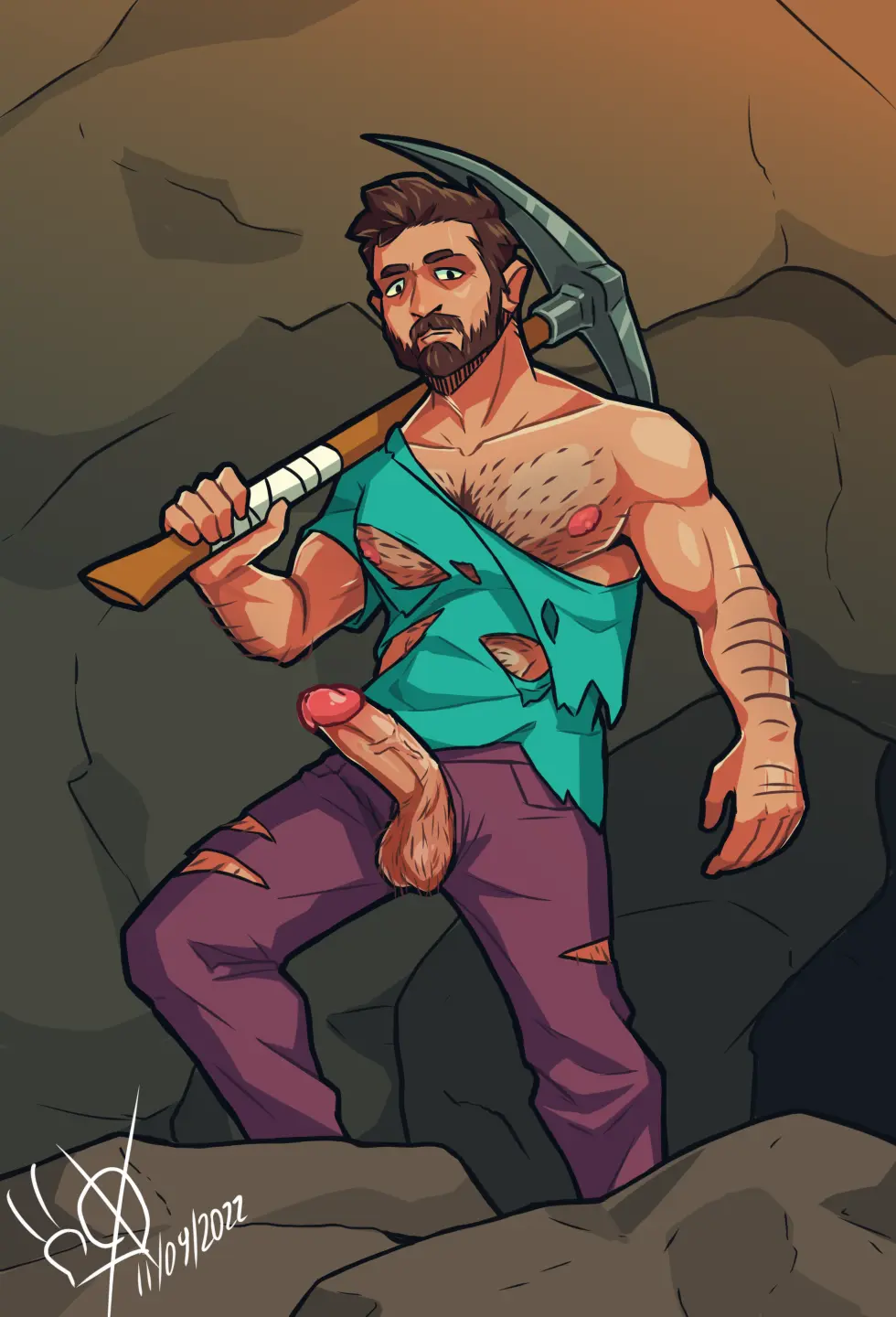 Image male,male_only,yaoi,gay,minecraft,bara,beard,facial_hair,body_hair,blue_shirt,ripped_clothing,manuel,profe,steve_(minecraft),pickaxe,sneolk