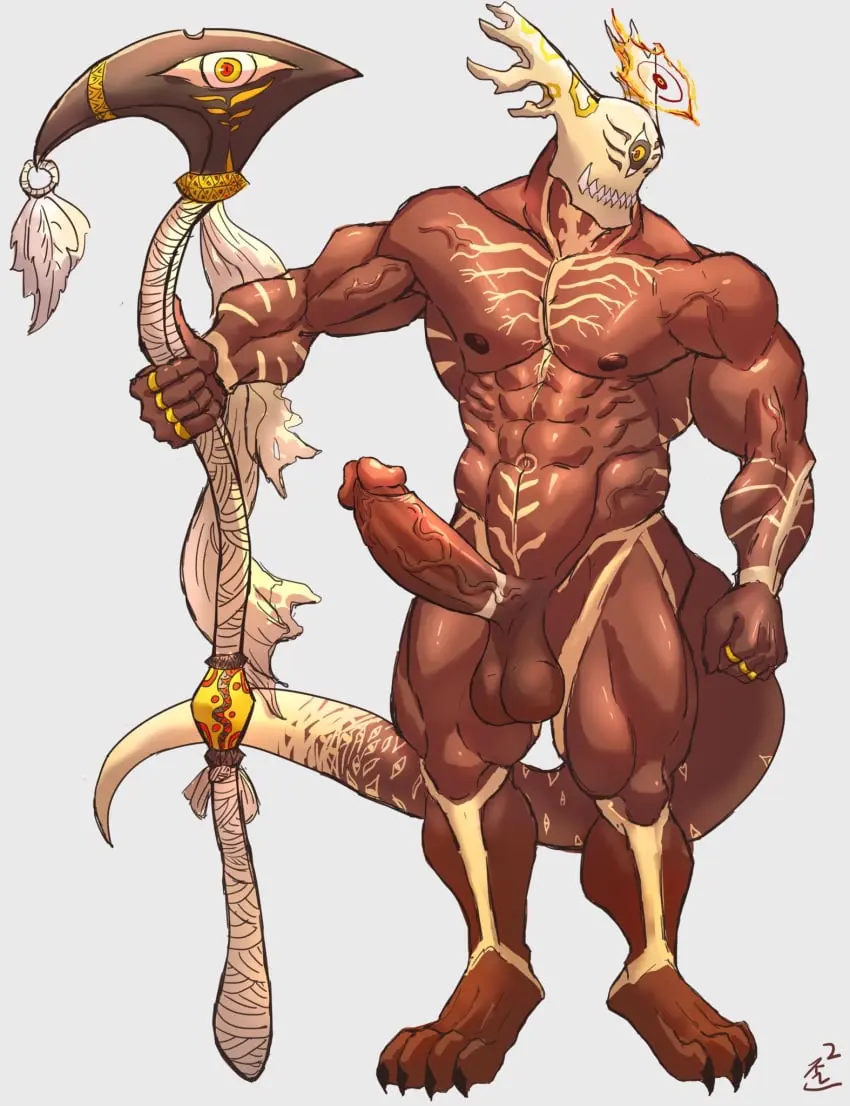 Image hi_res,nipples,solo,standing,male,penis,tail,erection,muscular,muscular_male,digital_drawing_(artwork),digital_media_(artwork),teeth,balls,demon,genitals,horn,abs,ring,weapon,glans,skull,red_body,bone,1_eye,melee_weapon,skull_head,polearm,amoyy0118,scythe